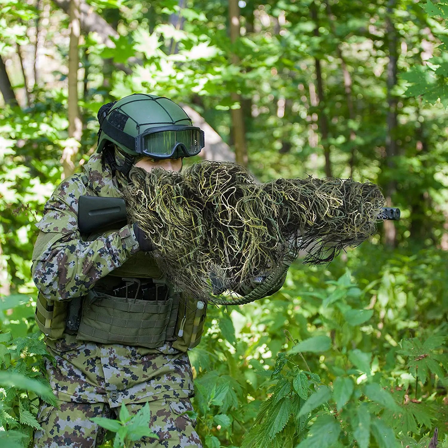 3D Rifle Sniper Ghillie Cover for Hunting Ghillie Suit Woodland-Desert Green Gun Wrap for Paintball Airsoft Accessories