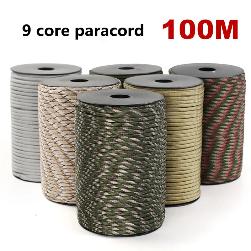100/50M 550 Military Standard 9-Core Paracord Rope 4mm Outdoor Parachute Cord Survival Umbrella Tent Lanyard Strap Clothesline