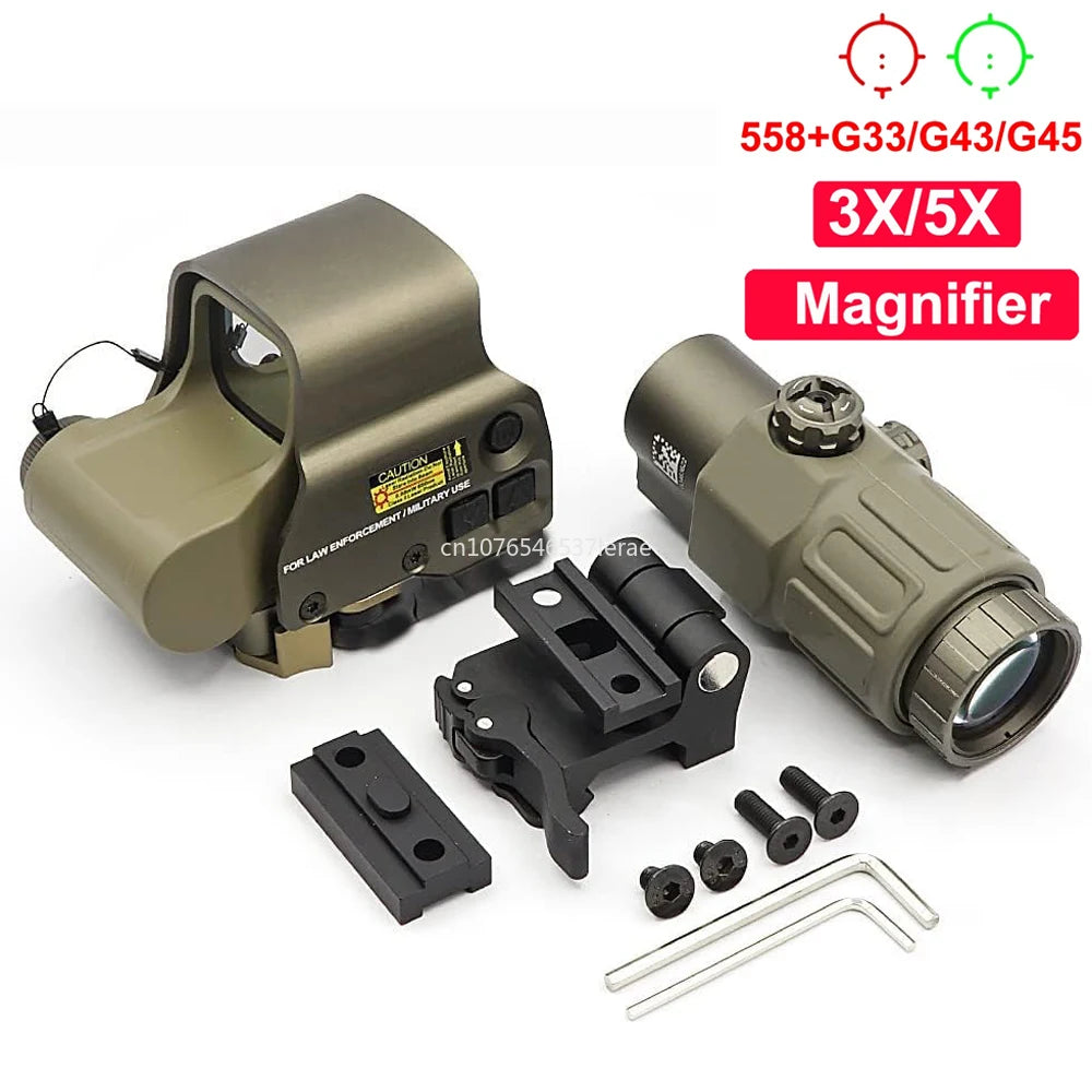 Hot Sale 558 Holographic Collimator Red Dot Sight G43/G33 3X G45 5X Magnifier Airsoft Hunting Gear W/20mm Rail Mounts & QD Lever