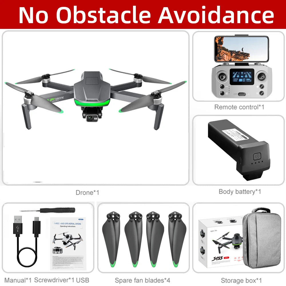 S155 Pro Max Drone 5G GPS Professional 8K HD Aerial Photography 3-Aixs-Gimbal Load 500g No/360 Obstacle Avoidance Quadrotor Dron