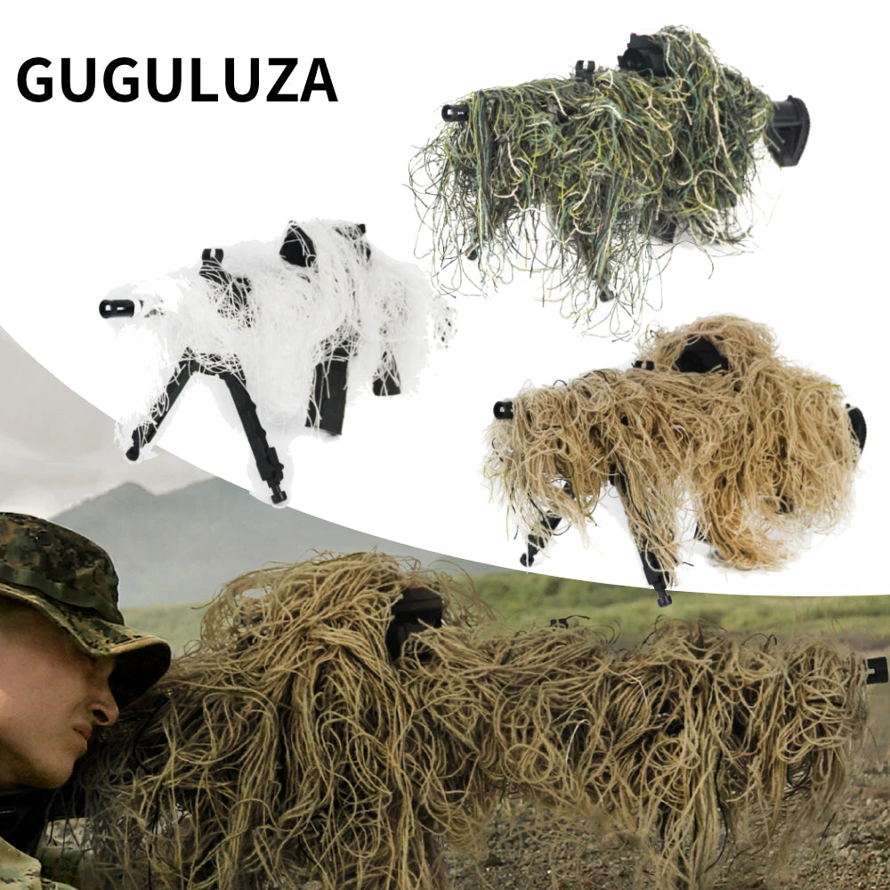 3D Rifle Sniper Ghillie Cover for Hunting Ghillie Suit Woodland-Desert Green Gun Wrap for Paintball Airsoft Accessories