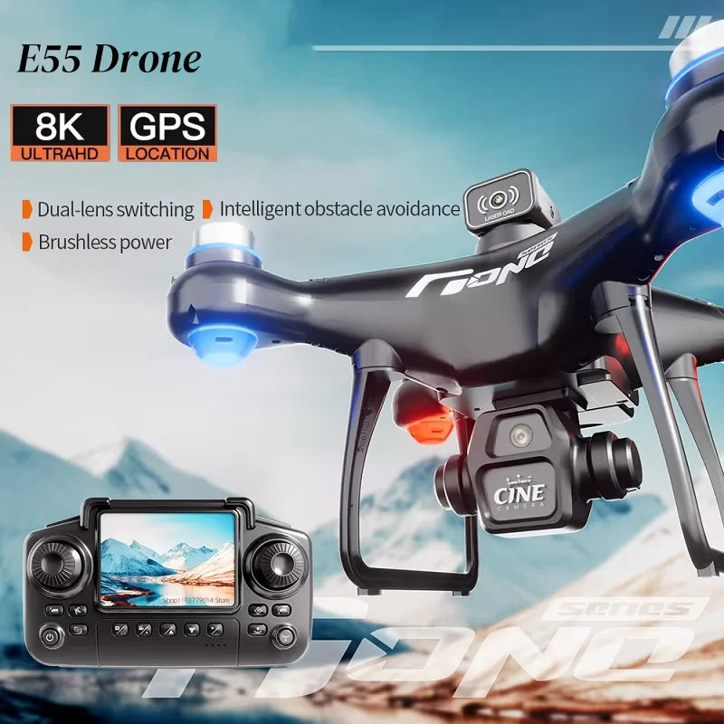 E55 Brushless Drone 8k Hd Dual Camera Aerial Photography With Screen Control Optical Flow Positioning Obstacle Avoidance