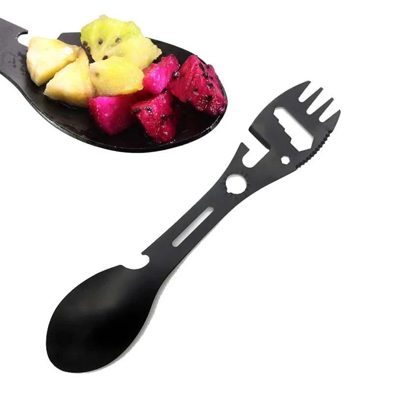 5-in-1 Outdoor Survival Multi-Tool | Compact EDC Camping Kit with Knife, Fork, Spoon, Can Opener & Bottle Opener