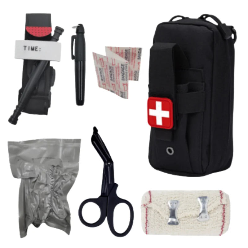 Outdoor trauma preparation IFAK Molle bag, tourniquet, and survival first aid equipment