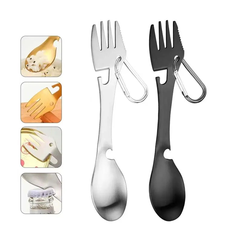 5-in-1 Outdoor Survival Multi-Tool | Compact EDC Camping Kit with Knife, Fork, Spoon, Can Opener & Bottle Opener