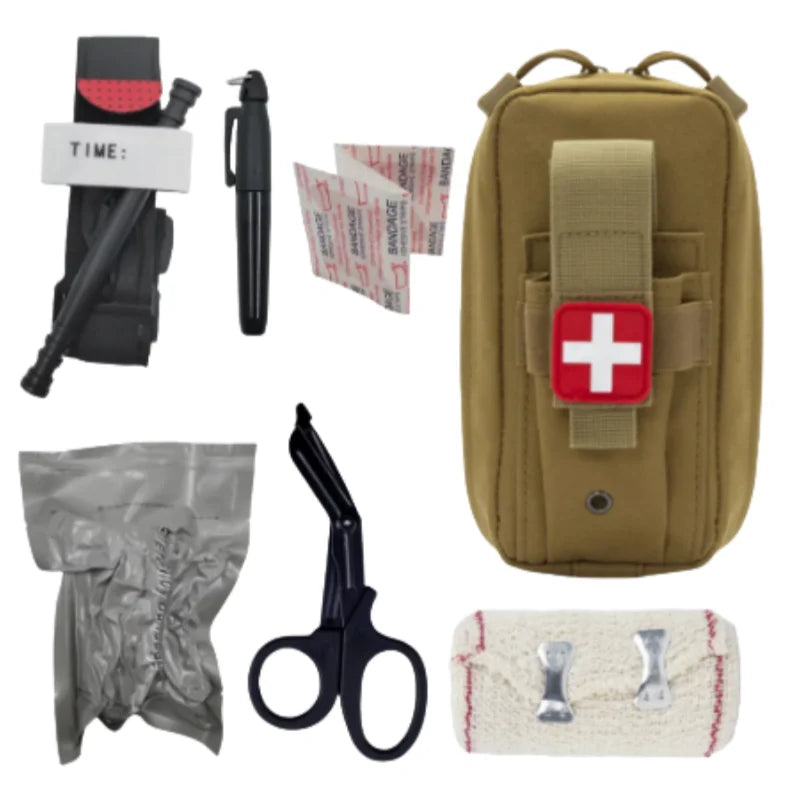 Outdoor trauma preparation IFAK Molle bag, tourniquet, and survival first aid equipment