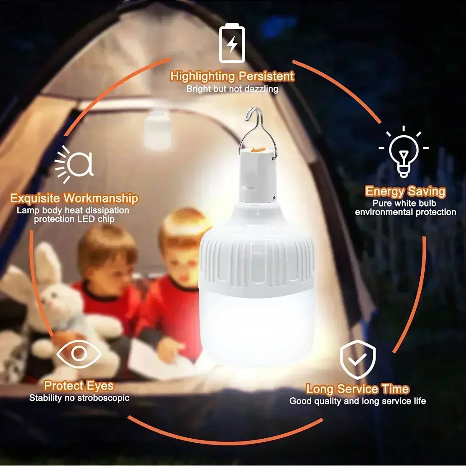 Portable Rechargeable LED Camping Light with Hook Dimmable Tent Lantern Emergency Night Lamp for Hiking Travel Adventure Use