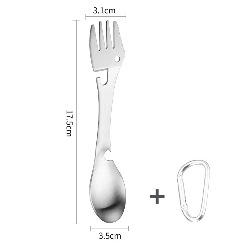 5-in-1 Outdoor Survival Multi-Tool | Compact EDC Camping Kit with Knife, Fork, Spoon, Can Opener & Bottle Opener