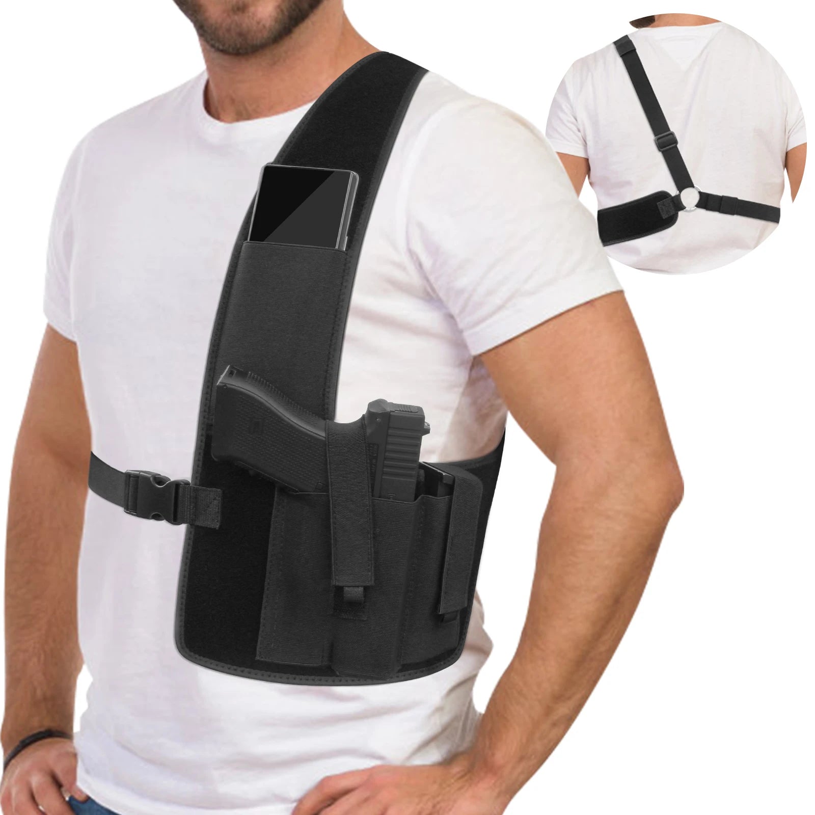 Chest Gun Holster with Phone Pouch Underarm Shoulder Pistol Holster Bag Concealed Carry Hunting Accessories