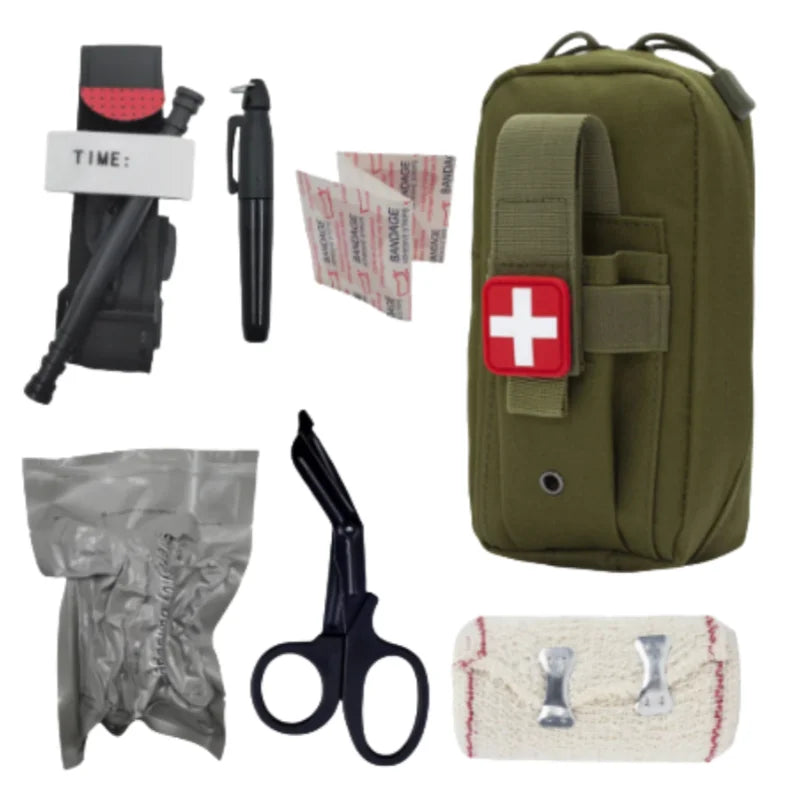 Outdoor trauma preparation IFAK Molle bag, tourniquet, and survival first aid equipment