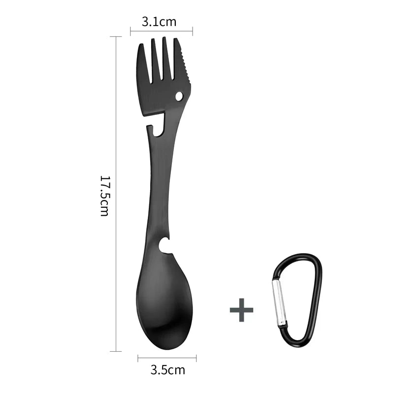5-in-1 Outdoor Survival Multi-Tool | Compact EDC Camping Kit with Knife, Fork, Spoon, Can Opener & Bottle Opener